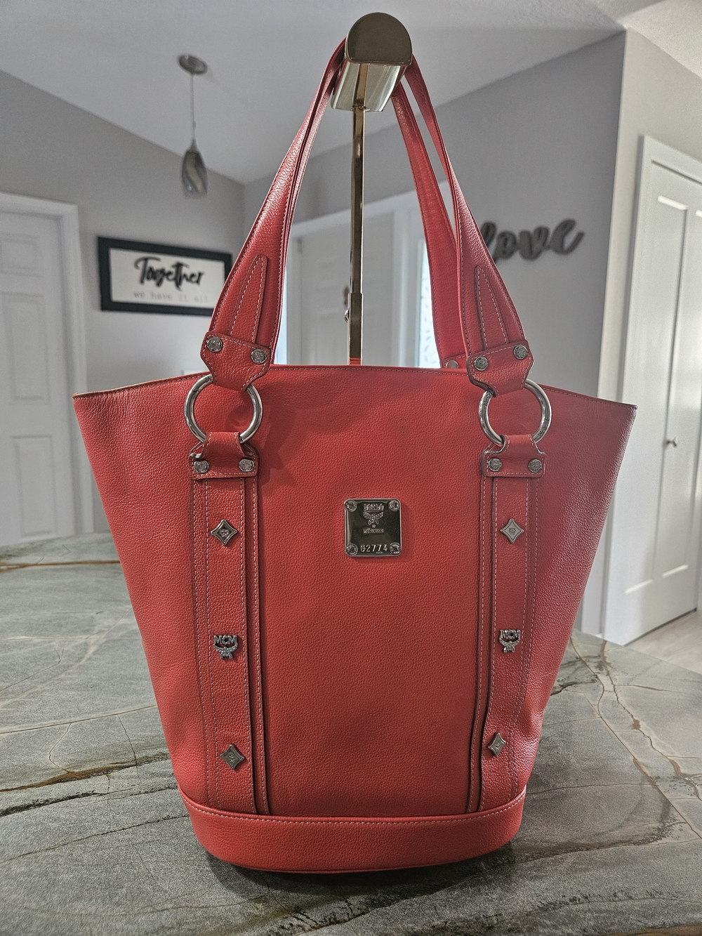 MCM Red/Coral Pebbled Leather Tote Bag – Good Used Condition – Rare Color